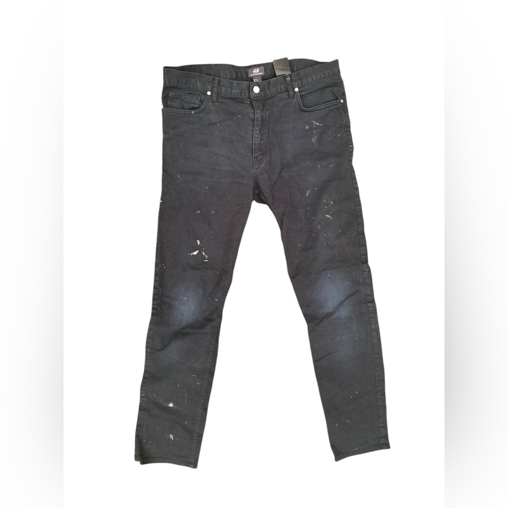 H&M VTG DISTRESSED BLACK SLIM COTTON PANTS PAINT SPLATTER 34
